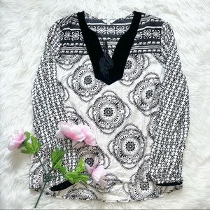 Crown & Ivy Black and White Elephant Print Boho Blouse